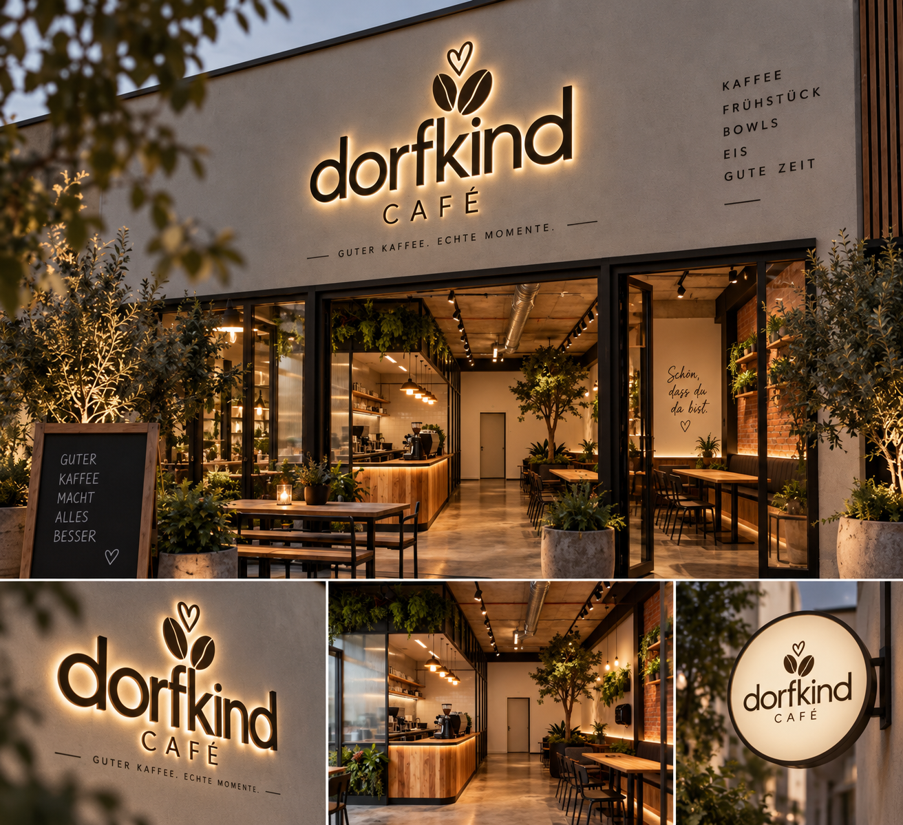 Visualisierung des dorfkind Cafés im warmen Abendlicht